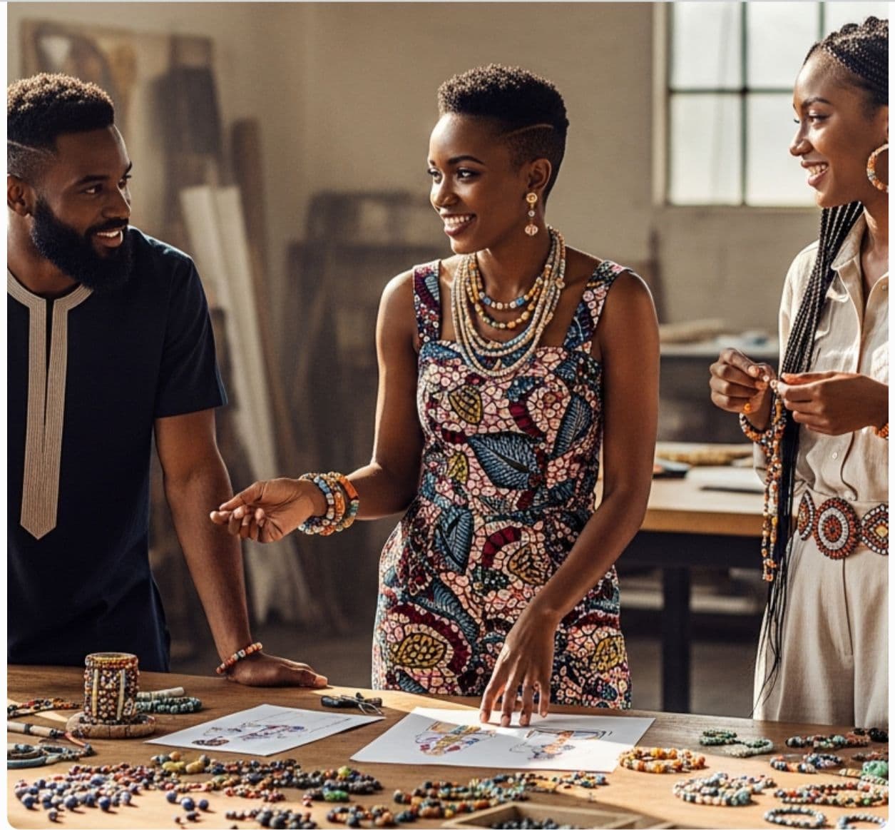 Woman wearing beaded jewelry